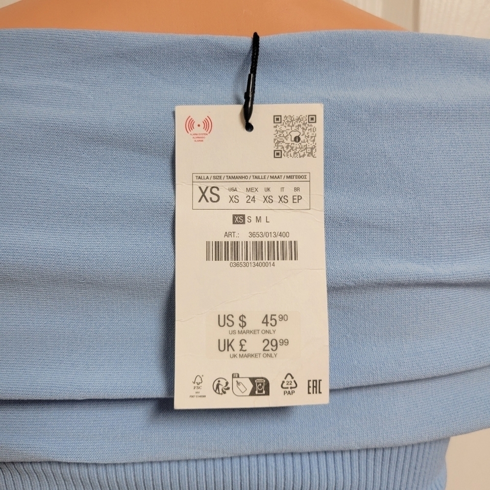 ZARA NWT Light Blue Off-Shoulder Top Size XS. - Picture 7 of 11